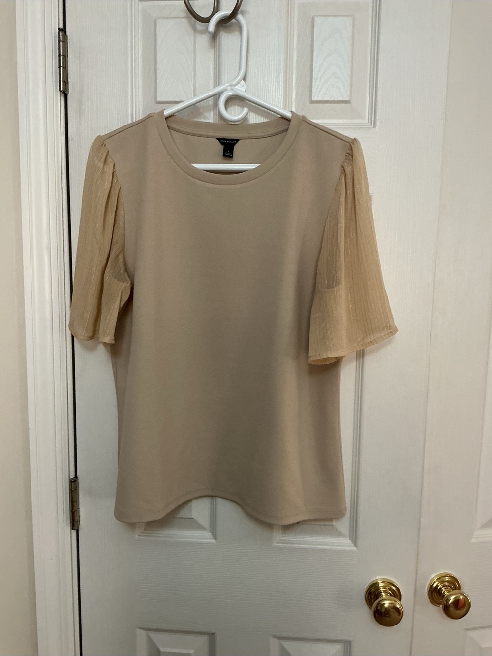 Talbots Beige Short Sleeve Blouse with Sheer gold Sleeves